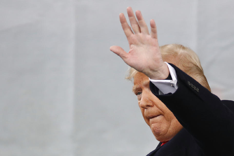 President Donald Trump waves as he walks offstage after speaking at a "March for Life" rally, Friday, Jan. 24, 2020, on the National Mall in Washington. (AP Photo/Patrick Semansky)