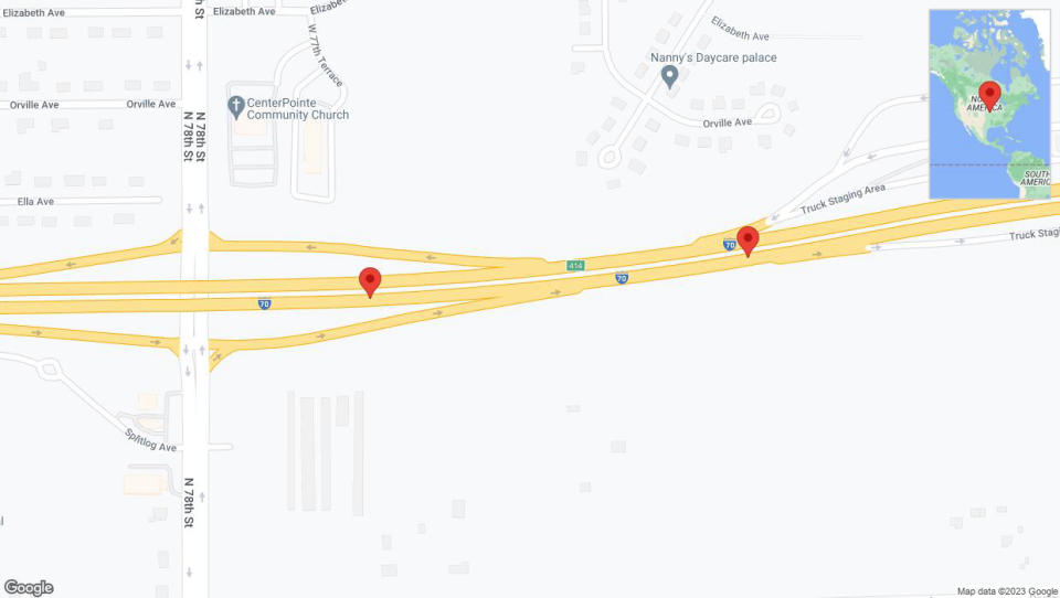 A detailed map that shows the affected road due to 'Broken down vehicle on eastbound I-70 in Kansas City' on December 28th at 5:30 p.m.