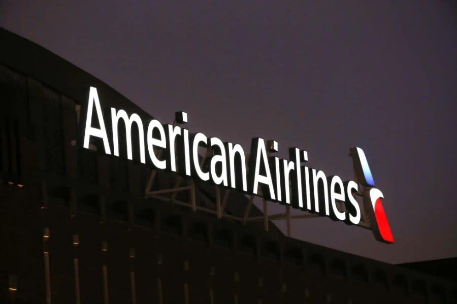 The American Airlines logo is seen atop the American Airlines Center in Dallas, Texas, Dec. 19, 2017. (AP Photo/Michael Ainsworth, File)