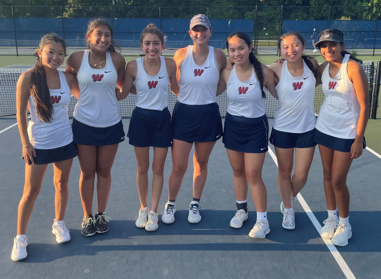 Westborough High girls tennis starters pose for a picture following the Rangers' 4-1 win over Notre Dame Academy (Hingham) in a Division 2 state semifinal on June 15, 2023, at Newton South High School.