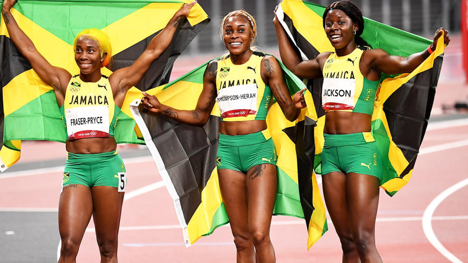 Shelly-Ann Fraser-Pryce, Elaine Thompson-Herah and Shericka Jackson, pictured here after the 100m final.