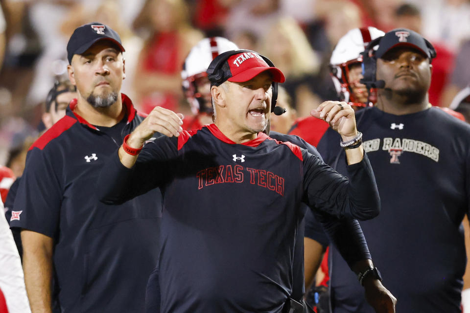 Texas Tech head coach Joey Mcguire talks to players during the second half of an NCAA college football game, Saturday, Sept. 9, 2023, in Lubbock, Texas. (AP Photo/Chase Seabolt)