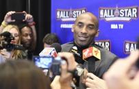 Feb 12, 2016; Toronto, Ontario, Canada; Western Conference forward Kobe Bryant of the Los Angeles Lakers (24) is interviewed during media day for the 2016 NBA All Star Game at Sheraton Centre. Peter Llewellyn-USA TODAY Sports