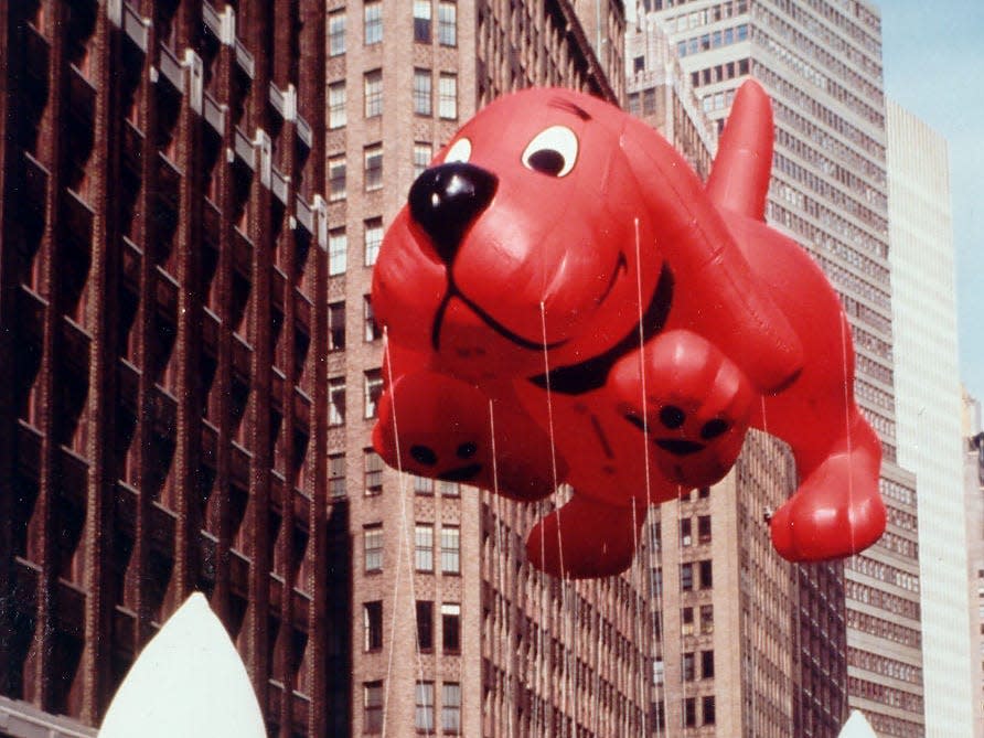 A Clifford the big red dog float at the Macy's thanksgiving day parade in 1990