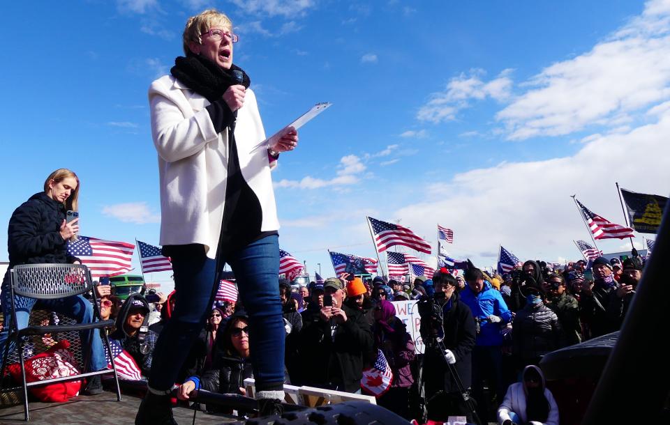 Orange County lawyer and Republican activist Leigh Dundas was the master of ceremonies at Wednesday’s "People’s Convoy” send-off rally.  The convoy of semi-trucks left Adelanto and headed east toward Washington, D.C.