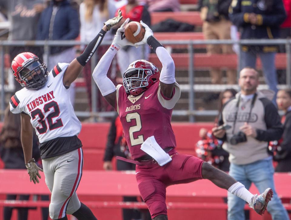 Hillsborough's Thomas Amankwaa pulls in a long pass for a first half touchdown against Kingsway during the South Group 5 regional championship game on Saturday, Dec. 4, 2021 at Rutgers.