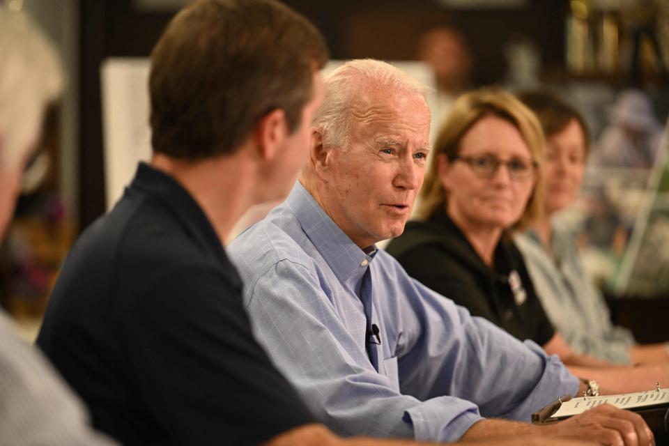 President Joe Biden speaks during a briefing on the ongoing response efforts to the recent flooding at Marie Roberts Elementary School, in Lost Creek, Kentucky (AFP via Getty Images)