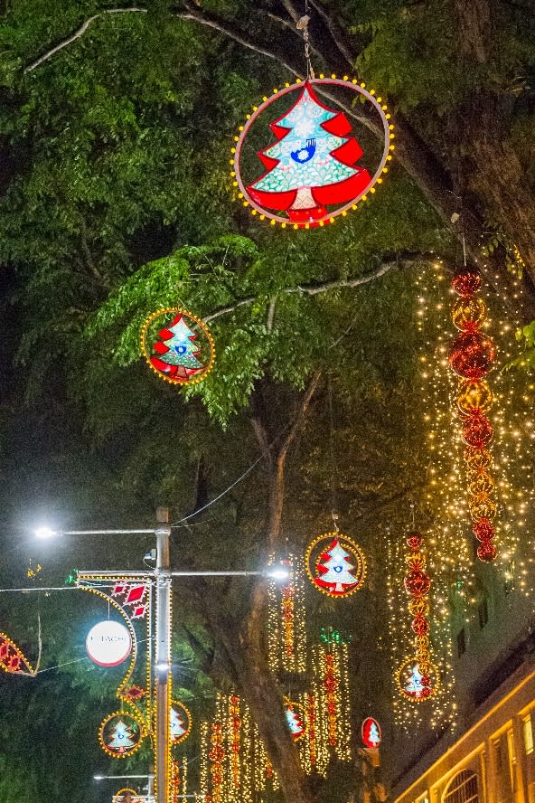 A close up of the tree decorations.