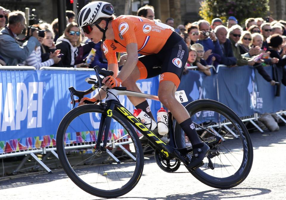 Annemiek van Vleuten, of The Netherlands, pedals on her way to to win the women elite race, at the road cycling World Championships in Harrogate, England, Saturday, Sept. 28, 2019. (AP Photo/Manu Fernandez)