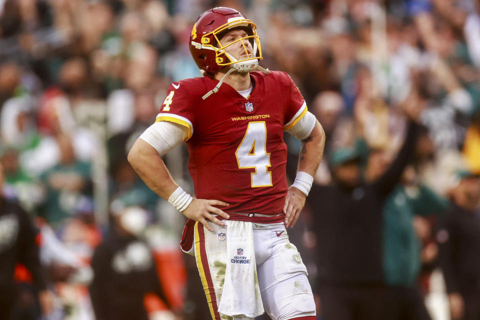 Washington Football Team quarterback Taylor Heinicke (4) reacts after getting intercepted on the last play of the game against Philadelphia Eagles on Sunday, January 2, 2022 in Landover, Maryland.(Shaban Athuman/Richmond Times-Dispatch via AP)