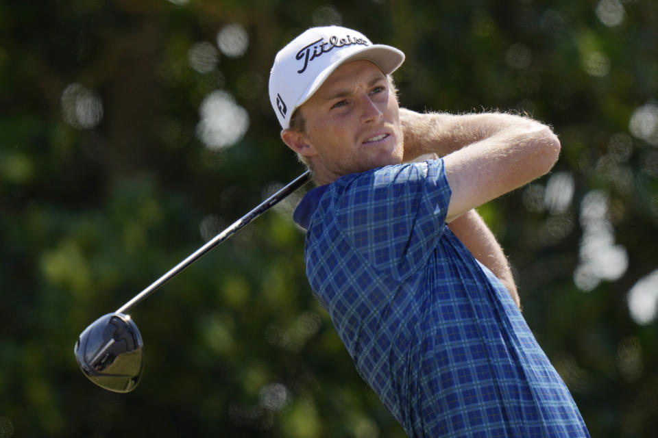 Will Zalatoris of the US plays off the 3rd tee during the third round of the British Open golf championship on the Old Course at St. Andrews, Scotland, Saturday July 16, 2022. (AP Photo/Alastair Grant)