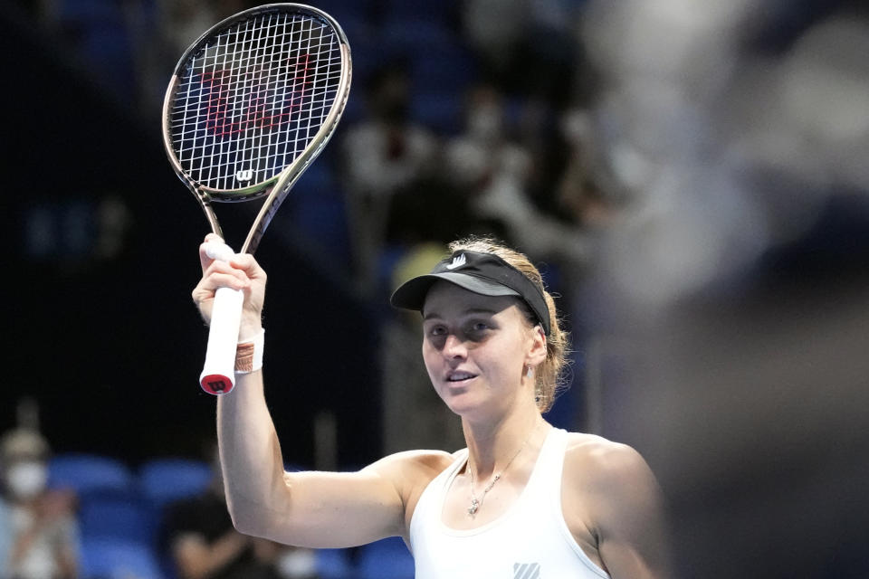 Liudmila Samsonova of Russia celebrates after defeating Zhang Shuai of China after the singles semifinal match in the Pan Pacific Open tennis championships at Ariake Colosseum Saturday, Sept. 24, 2022, in Tokyo. (AP Photo/Eugene Hoshiko)