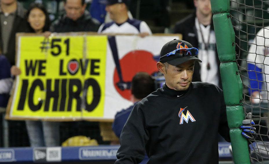 Ichiro Suzuki received a warm welcome in his return to Safeco Field with the Marlins in April. (AP)