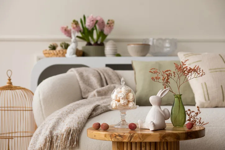 A cozy living room corner with a wooden side table, decorative items, and a couch with a throw blanket