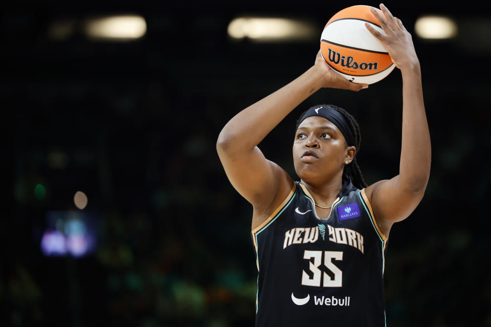 PHOENIX, ARIZONA - JULY 19: Jonquel Jones #35 of the New York Liberty competes in the Starry 3-Point Contest ahead of the 2024 WNBA All-Star Game at Footprint Center on July 19, 2024 in Phoenix, Arizona. NOTE TO USER: User expressly acknowledges and agrees that, by downloading and or using this photograph, User is consenting to the terms and conditions of the Getty Images License Agreement. (Photo by Alex Slitz/Getty Images)