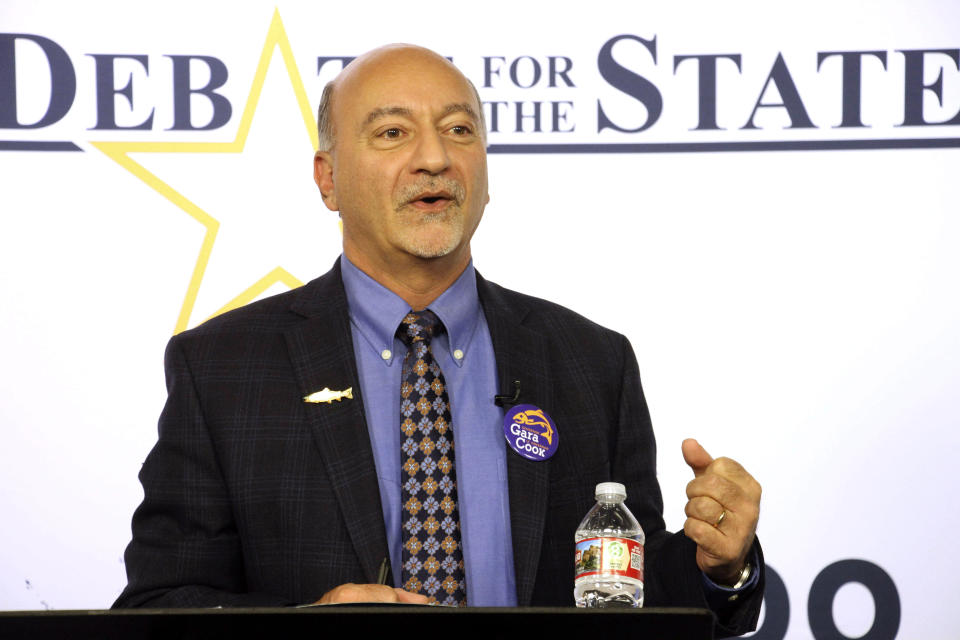 FILE - Les Gara, a Democrat running for Alaska governor in the Nov. 8, 2022 election, is shown prior to a televised debate Wednesday, Oct. 19, 2022, in Anchorage, Alaska. (AP Photo/Mark Thiessen, File)