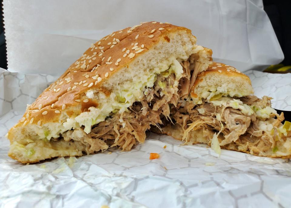 The cross-section of a pork barbecue sandwich from Bar-B-Que Hut in Fayetteville.