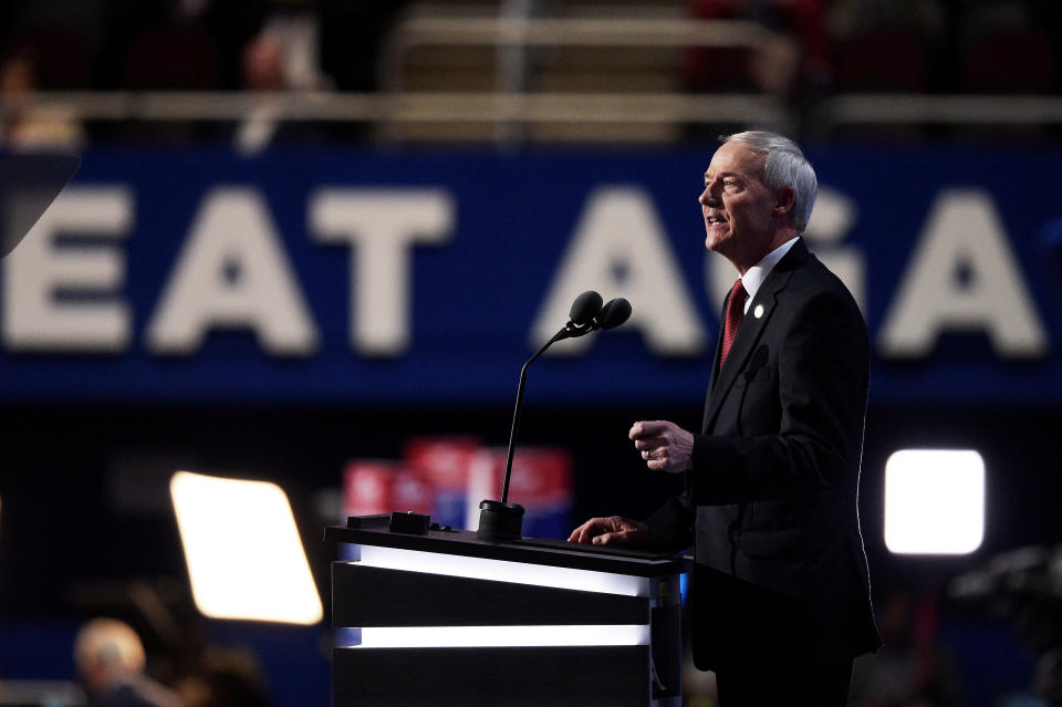 CLEVELAND, OH - JULY 19:  Gov. Asa Hutchinson (R-AR) delivers a speech on the second day of the Republican National Convention on July 19, 2016 at the Quicken Loans Arena in Cleveland, Ohio. Republican presidential candidate Donald Trump received the number of votes needed to secure the party's nomination. An estimated 50,000 people are expected in Cleveland, including hundreds of protesters and members of the media. The four-day Republican National Convention kicked off on July 18.  (Photo by Jeff Swensen/Getty Images)