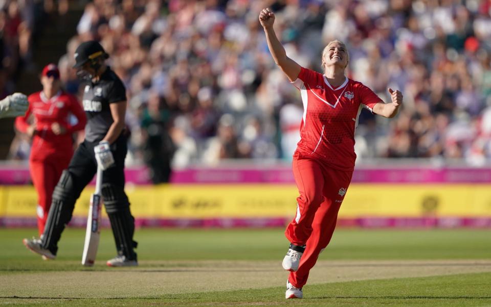 England's Katherine Brunt celebrates the wicket of New Zealand's Amelia Kerr - Zac Goodwin/PA Wire