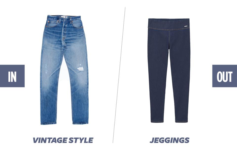 <p>Vintage-style jeans are still running strong. Fashionistas are continuing to flock to vintage stores for old-school Levi’s 501s or shopping for new light-washed, high-rise-style jeans that have that perfect vintage wash and worn-in feel. (Photos: Re/Done; Mango) </p>