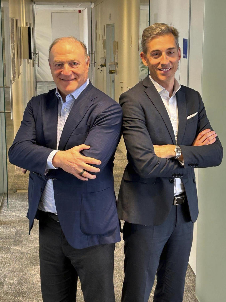 Mallorca club president and majority owner Andy Kohlberg, left, and club's business CEO and Alfonso Díaz pose for a photo during an interview for The Associated Press in Madrid Monday, April 1, 2024. Ask Andy Kohlberg, one of the American owners of Spanish club Mallorca along with NBA greats Steve Kerr and Steve Nash, if he recommends the soccer club-ownership experience that he is having in Europe, and he'll give you a straight answer. "Not to anyone sane,". (AP Photo/Tales Azzoni)