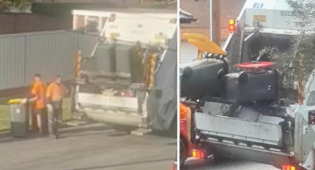 Garbage workers collecting waste (left) and a garbage truck picking up bins (right)