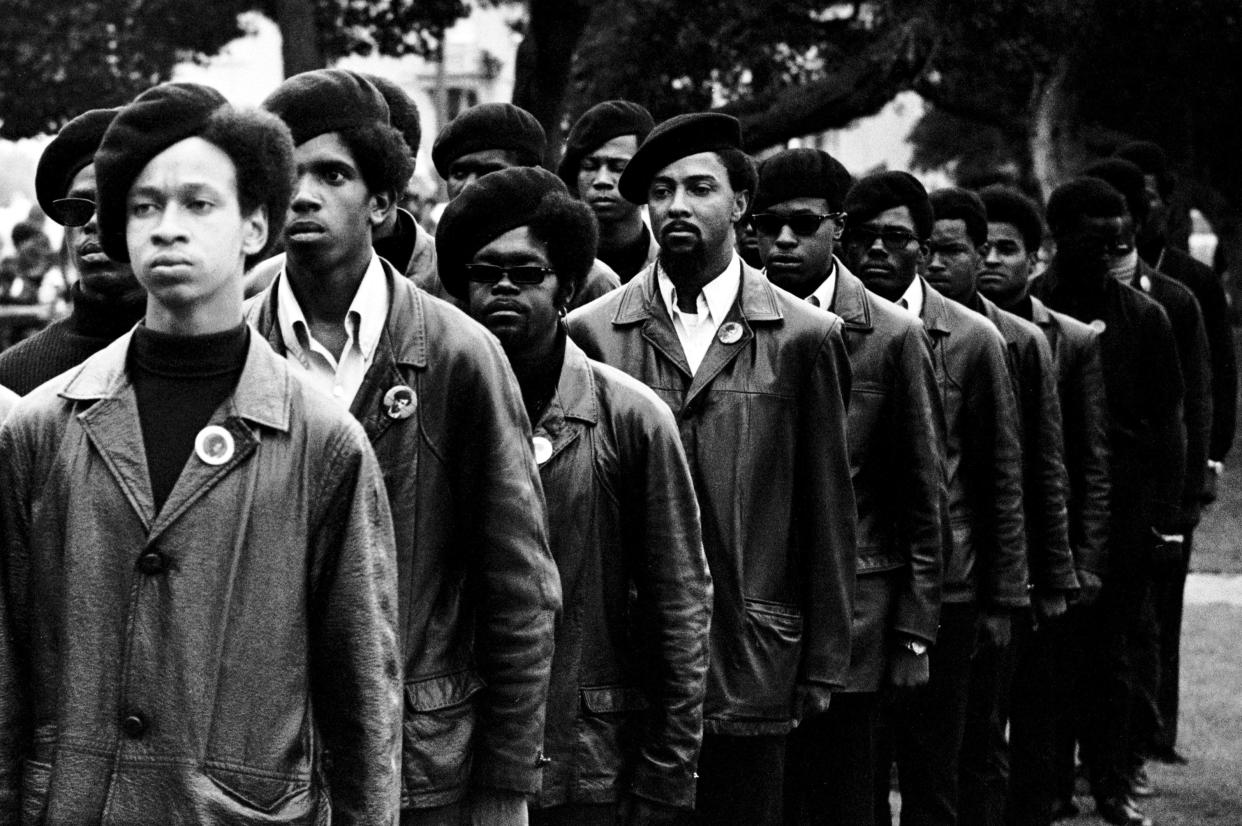 Panthers on parade at Free Huey rally in Defermery Park (named by the Panther Bobby Hutton Park) in West Oakland, California on July 28, 1968.