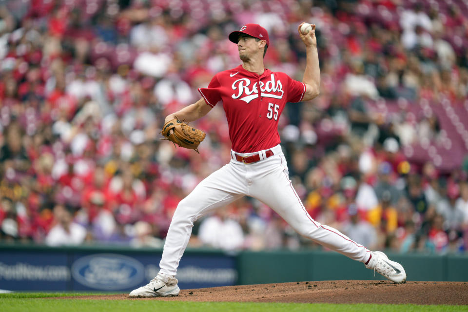 Cincinnati Reds starting pitcher Brandon Williamson (55) throws against the San Diego Padres during the first inning of a baseball game Saturday, July 1, 2023, in Cincinnati. (AP Photo/Jeff Dean)