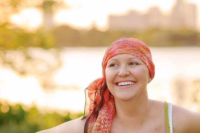 Woman with cancer wearing scarf