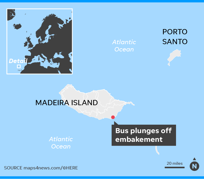 A bus carrying German tourists plunged off an embankment on the Portuguese island of Madeira, leaving 28 dead.