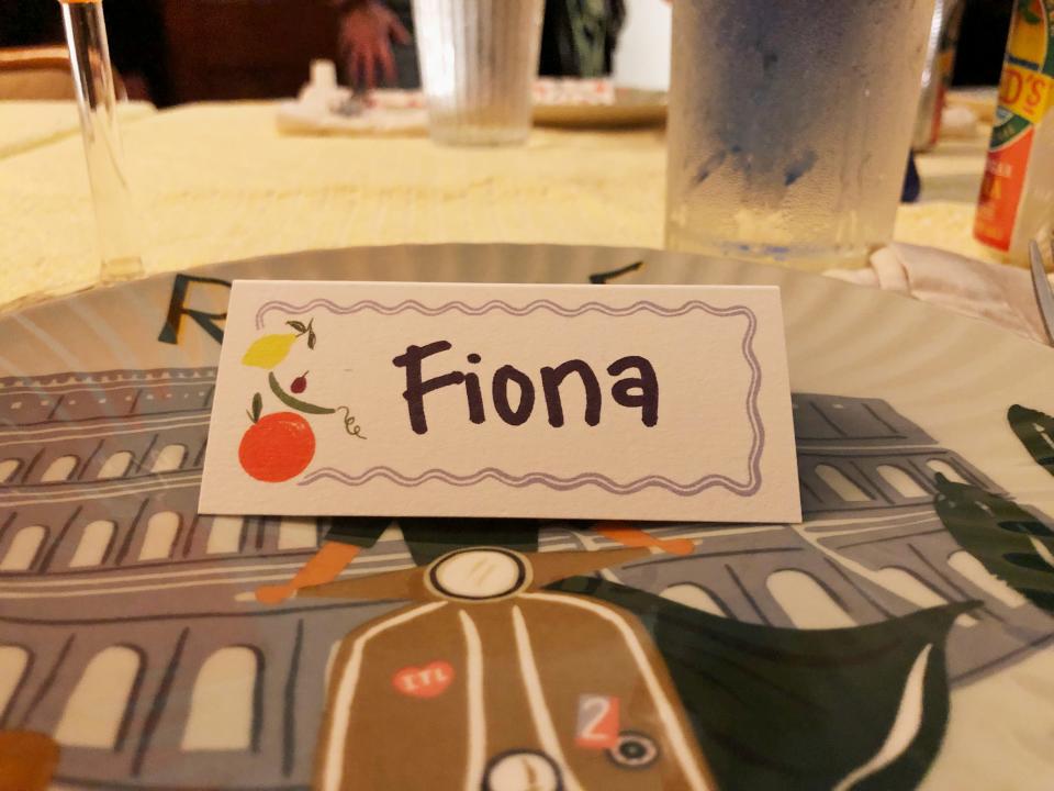 closeup shot of my name tag at my place setting at the dinner with friends dinner party