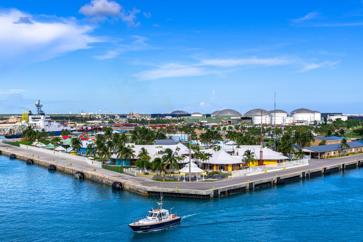 A boat sails near Grand Bahama, Bahamas.