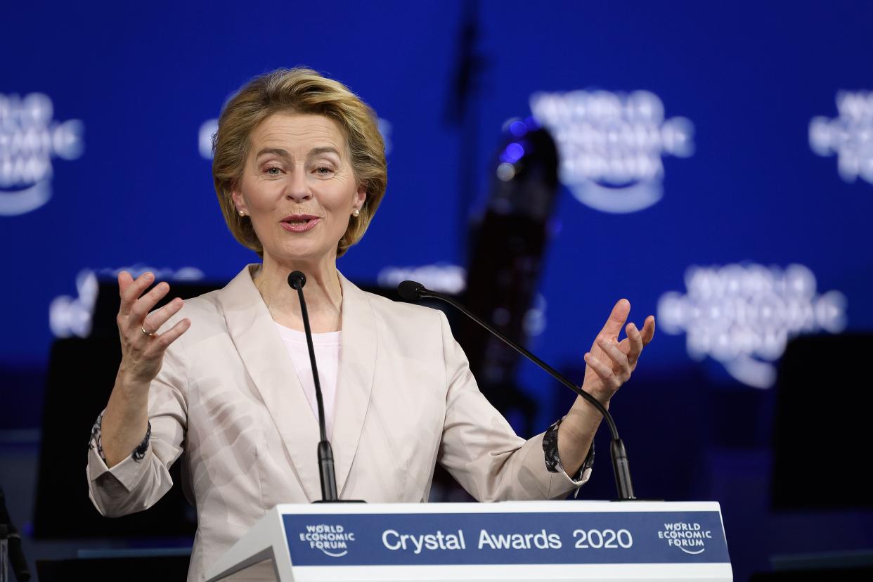 President of the European Commission Ursula von der Leyen delivers a speech at a ceremony marking the 50th anniversary of the World Economic Forum during the WEF's annual meeting in Davos, on January 20, 2020. (Photo by Fabrice COFFRINI / AFP) (Photo by FABRICE COFFRINI/AFP via Getty Images)