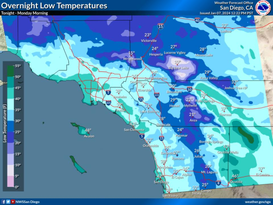 overnight low temperatures, frost advisory San Diego County (NWS)