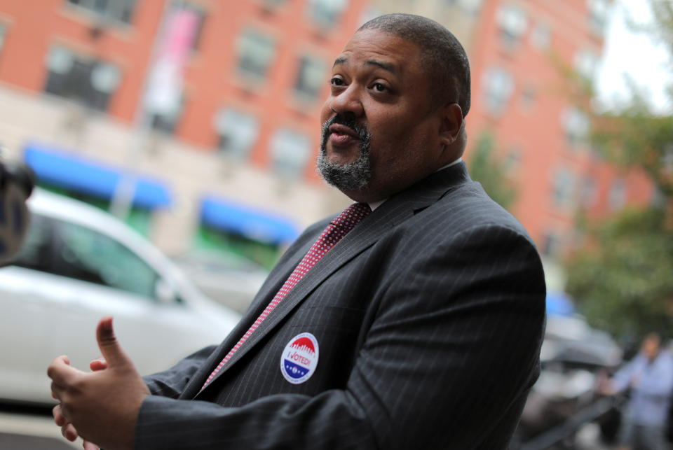 Bragg, then a candidate, speaks to the press after voting in the election for Manhattan district attorney.