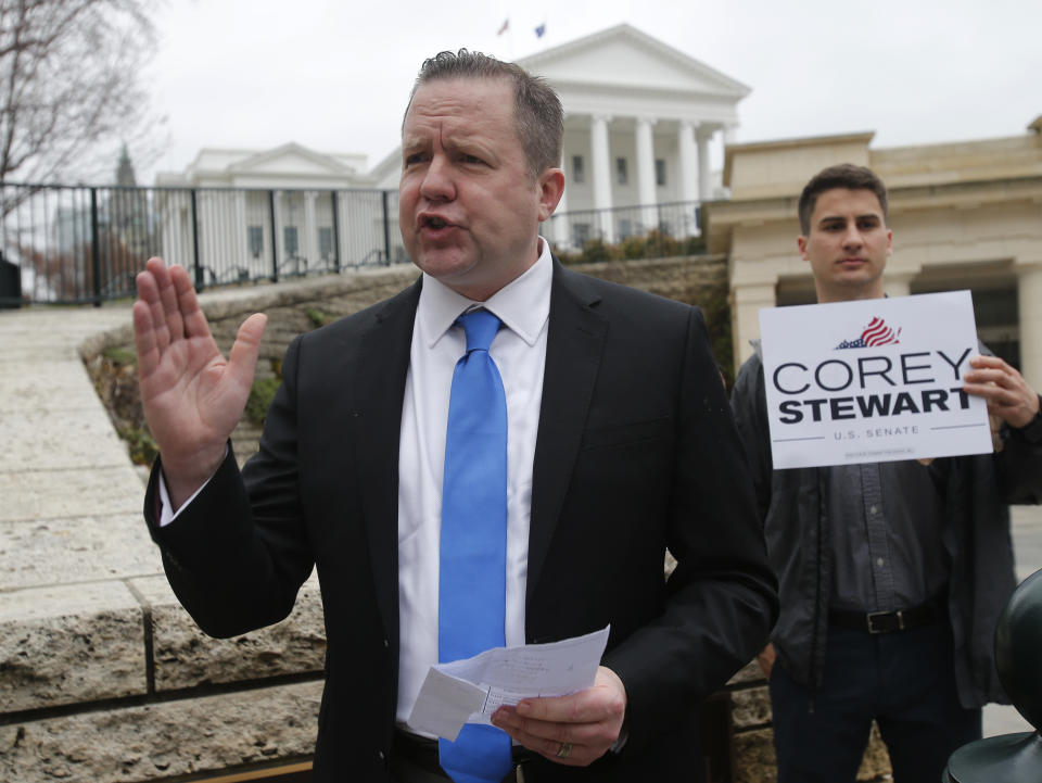 Senatorial hopeful Corey Stewart at a news conference at the Virginia Capitol in February. (Photo: Steve Helber/AP)