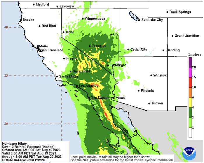 This graphic is created by the NWS/NCEP Weather Prediction Center (WPC) and shows rainfall potential for the United States when a tropical cyclone threatens land. The graphic is displayed as a Quantitative Precipitation Forecast (QPF), which shows rainfall totals for a specified time period, based on forecaster discretion.