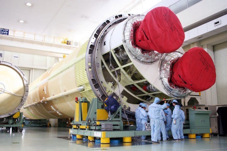 An H-2B rocket is unveiled at a factory near Nagoya, Japan, on February 12, 2009