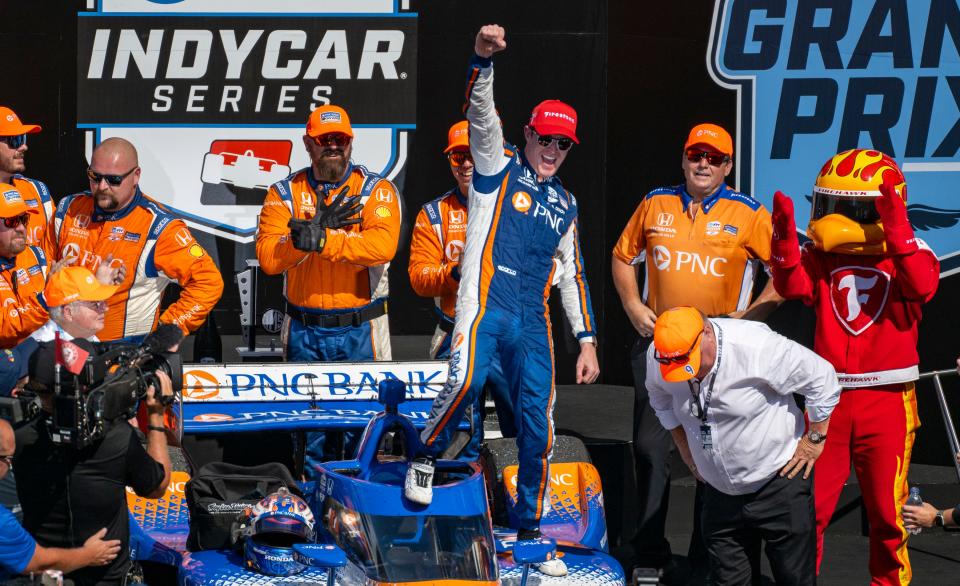 Chip Ganassi Racing driver Scott Dixon celebrates after winning the Gallagher Grand Prix at the Indianapolis Motor Speedway, Saturday, Aug. 12, 2023, in Speedway, Ind.