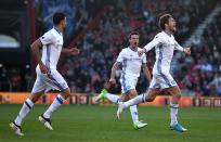 <p>Marcos Alonso celebrates making it 3-1 to Chelsea</p>