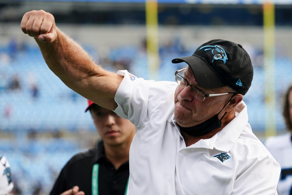 Carolina Panthers owner David Tepper celebrates after their win against the New Orleans Saints during an NFL football game Sunday, Sept. 19, 2021, in Charlotte, N.C. (AP Photo/Jacob Kupferman)