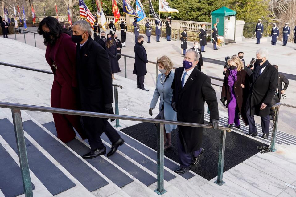 US former President Bill Clinton with wife, former Secretary of State, Hillary Clinton, Former US President George W. Bush with his wife Laura Bush, Former US president Barack Obama and his wife Michelle Obama attend a wreath laying ceremony at the Tomb of the Unknown Soldier at the Arlington National Cemetery, in Arlington, Virginia, USA, 20 January 2021. Joe Biden was sworn in earlier on the same day and became the 46th President of the United States. US President Joe Biden visits Arlington National Cemetery, USA - 07 Jan 2021