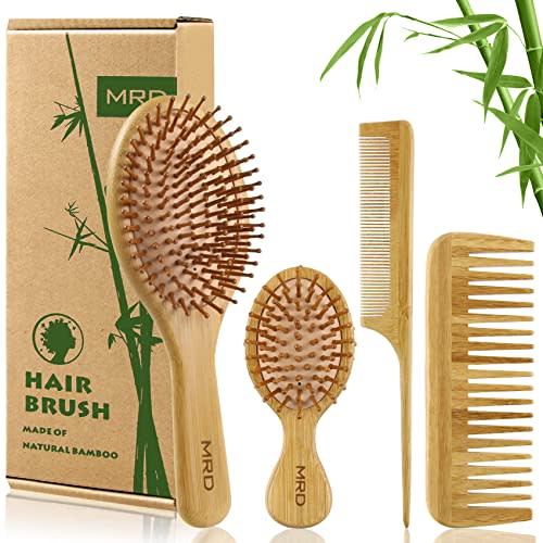 MRD Hair Brush Set, Natural Bamboo Comb Paddle Detangling Hairbrush, Wide-tooth and tail comb No Bristle, suit for Women Men and Kids Thick/Thin/Curly/Dry Hair Gift kit