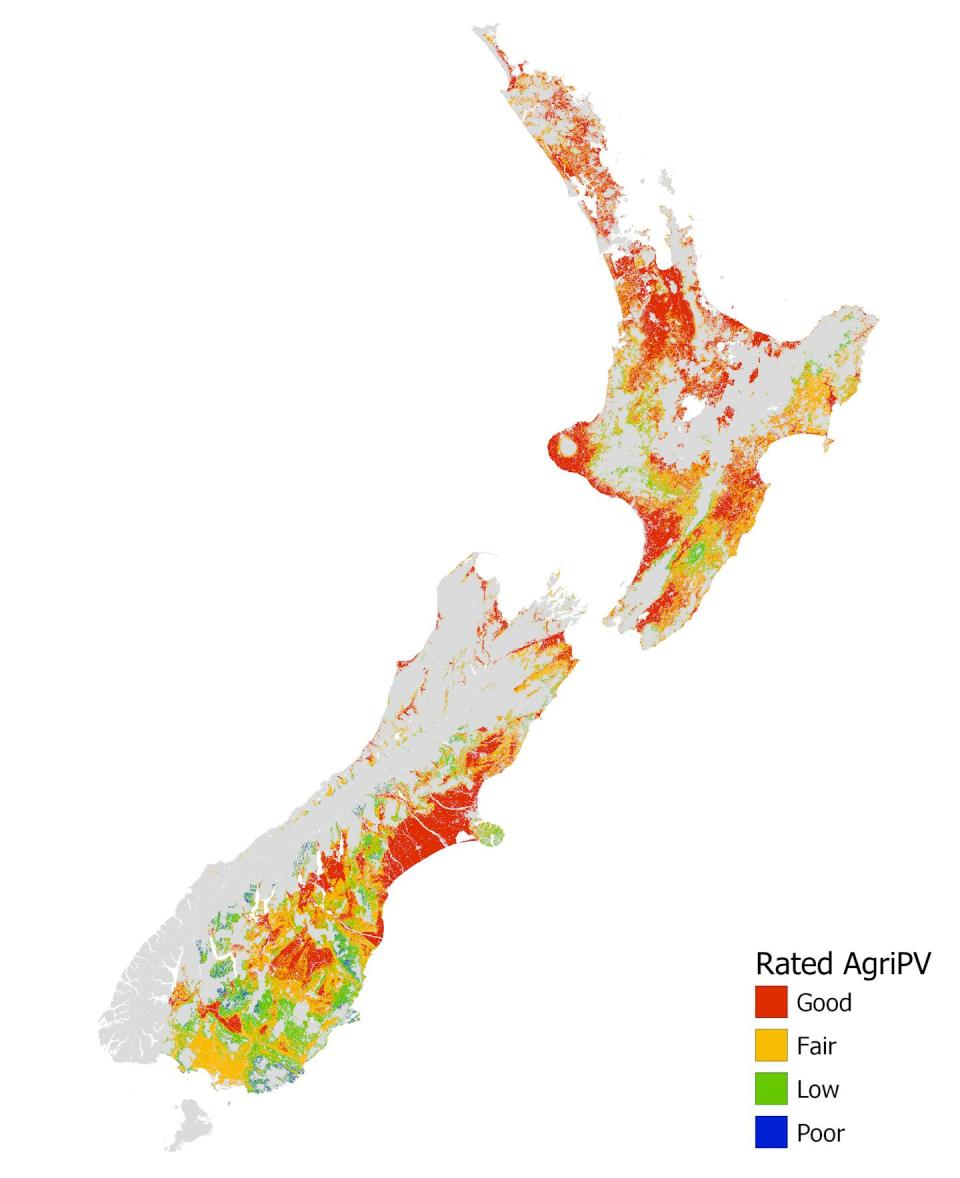 A map of New Zealand showing land rated for agrivoltaics.