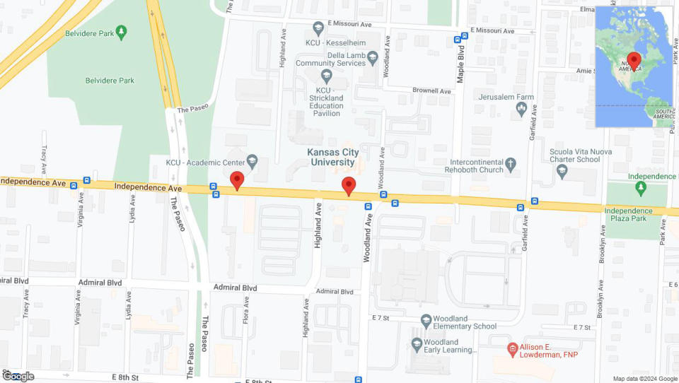 A detailed map that shows the affected road due to 'Independence Avenue/US-24 closed in Kansas City' on May 17th at 6:58 p.m.