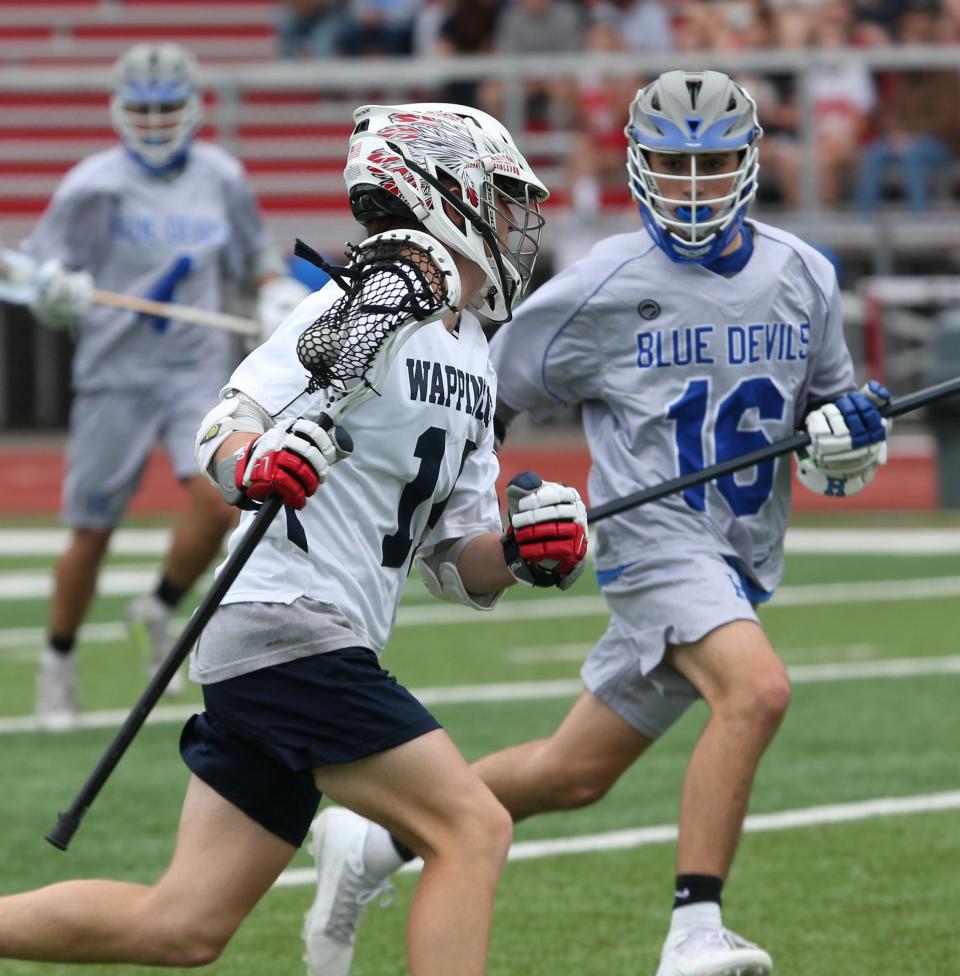 Haldane's PJ Ruggiero closes in on a Wappingers ball-carrier he's covering during a June 2, 2021 boys lacrosse game.