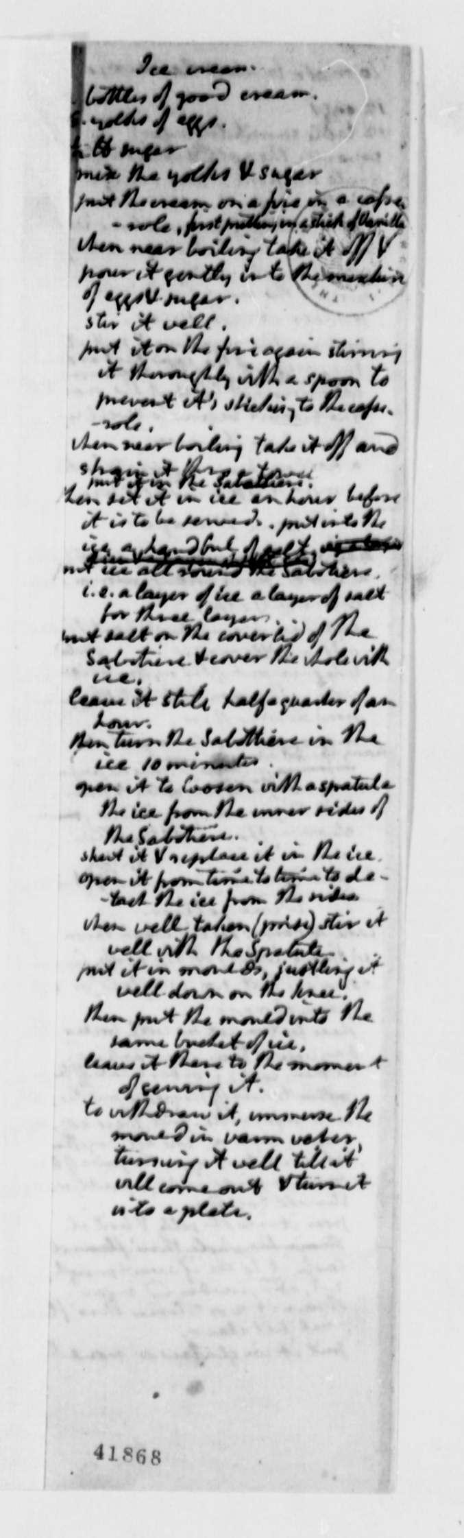 Thomas Jefferson's handwritten ice cream recipe, no date. 