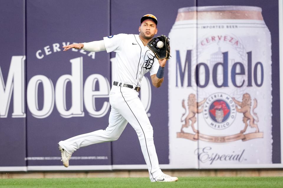 Victor Reyes (22) of the Detroit Tigers catches a ball off the bat of Danny Mendick of the Chicago White Sox during the top of the fourth inning at Comerica Park on June 14, 2022 in Detroit, Michigan.
