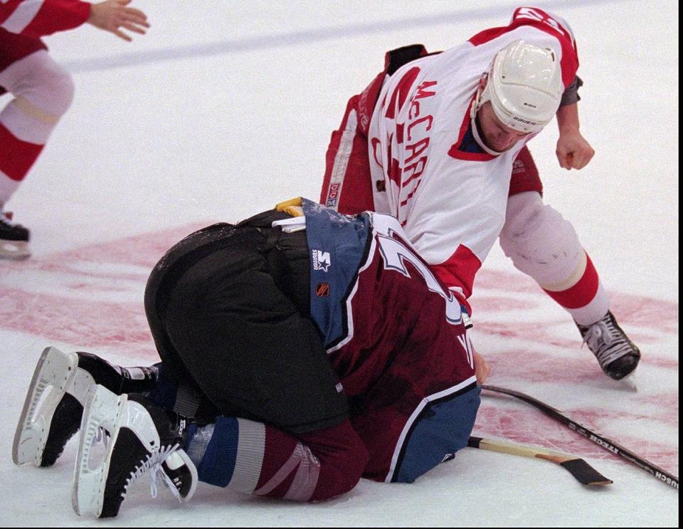 The "Brawl in Hockeytown" on March 26, 1997 at Joe Louis Arena is the signature moment of the bloody Red Wings-Avalanche rivalry that lasted for about a decade. Here, Darren McCarty punishes Claude Lemieux.