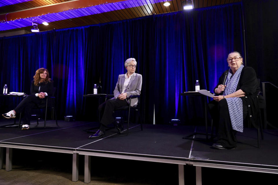 FILE - Republican candidate Christine Drazan, left, and Democratic candidate Tina Kotek, middle, listen to unaffiliated candidate Betsy Johnson speak during the gubernatorial debate hosted by Oregon Newspaper Publishers Association at Mount Hood Oregon Resort in Welches, Ore., July 29, 2022. Oregon is typically known as a bastion of west coast liberalism, where Democrats are easily elected and a Republican hasn’t served as governor since the 1980s. But with an unusually competitive three-way contest this fall, Democrats’ candidate doesn’t seem so assured of winning. (Jaime Valdez/Pamplin Media Group via AP, Pool, File)